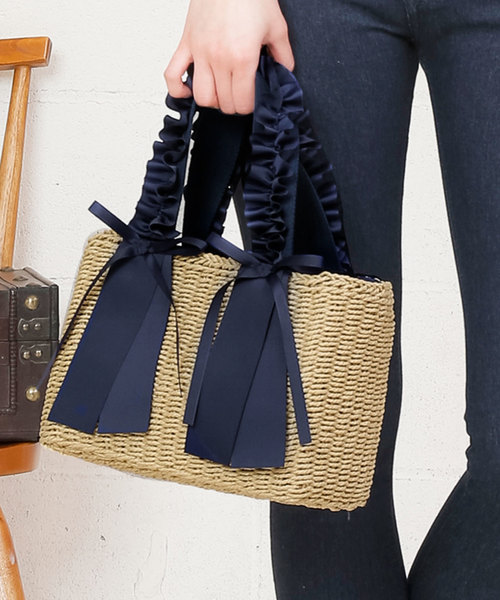 KOBE LETTUCE（コウベレタス）の「グログランリボンフリルデザインカゴバッグ 鞄 カバン かご バスケット レディース[B1145]神戸レタス（ハンドバッグ・レディース・ベージュ/ネイビー/ブラック・FREE）」の11枚目の写真