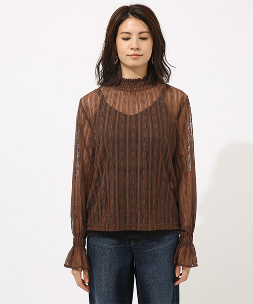 AZUL by moussy（アズールバイマウジー）の「レースハイネックロングスリーブプルオーバー（Tシャツ/カットソー・レディース・ブラック/ブラウン/オフホワイト・SMALL/MEDIUM）」の7枚目の写真