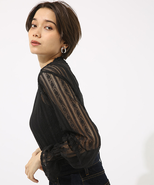 AZUL by moussy（アズールバイマウジー）の「レースハイネックロングスリーブプルオーバー（Tシャツ/カットソー・レディース・ブラック/ブラウン/オフホワイト・SMALL/MEDIUM）」の20枚目の写真