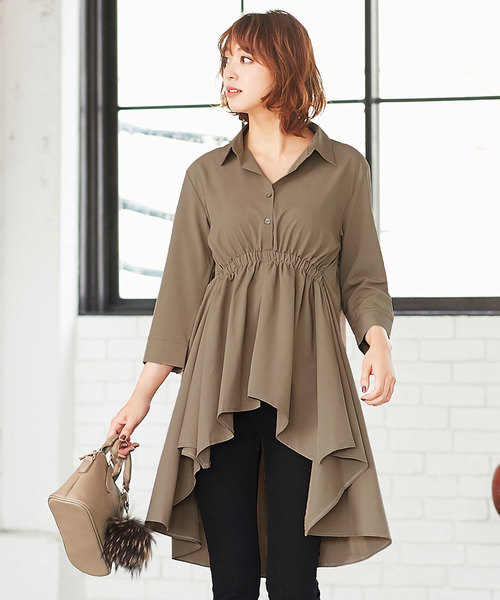 KOBE LETTUCE（コウベレタス）の「イレギュラーヘムドレープシャツチュニック＊レディース/ロングシャツ[C3450]神戸レタス（チュニック・レディース・オフホワイト/カーキ/グレイッシュベージュ・FREE）」の3枚目の写真