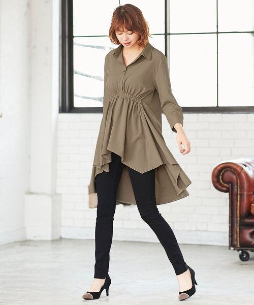 KOBE LETTUCE（コウベレタス）の「イレギュラーヘムドレープシャツチュニック＊レディース/ロングシャツ[C3450]神戸レタス（チュニック・レディース・オフホワイト/カーキ/グレイッシュベージュ・FREE）」の7枚目の写真