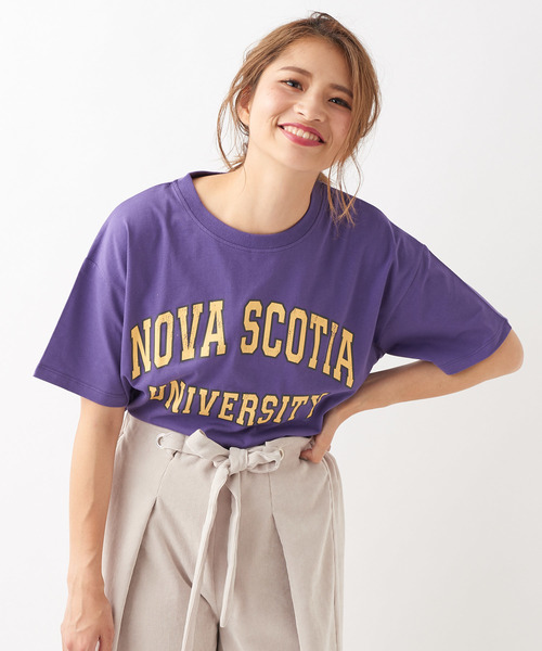 DISCOAT（ディスコート）の「USAコットンカレッジロゴTシャツ（Tシャツ/カットソー・レディース・チャコールグレー/ベージュ/パープル/オフホワイト・FREE）」の4枚目の写真