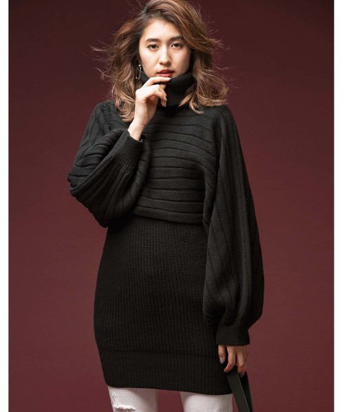 GeeRA(ジーラ)の「レイヤード風ハイネックニットチュニック(ニット/セーター・レディース・ブラック/ベージュ・MEDIUM/LARGE/X-LARGE)」の2枚目の写真