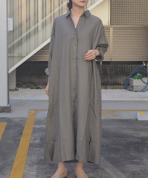 tiptop(ティップトップ)の「【Web限定アイテム】ロングシャツワンピース(ワンピース・レディース・カーキ/ベージュ/ブラック/オフホワイト・FREE)」の4枚目の写真