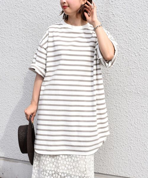 SHIPS（シップス）の「【WEB限定】ルーズシルエットボーダーTEE◇（Tシャツ/カットソー・レディース・ライトグレー/ネイビー/ブラック/オリーブ・LARGE/MEDIUM）」の2枚目の写真