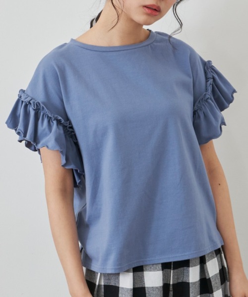 MERLOT(メルロー)の「ダブルフリルスリーブT(Tシャツ/カットソー・レディース・ブラック/オフホワイト/ピンク/ブルー・FREE)」の1枚目の写真