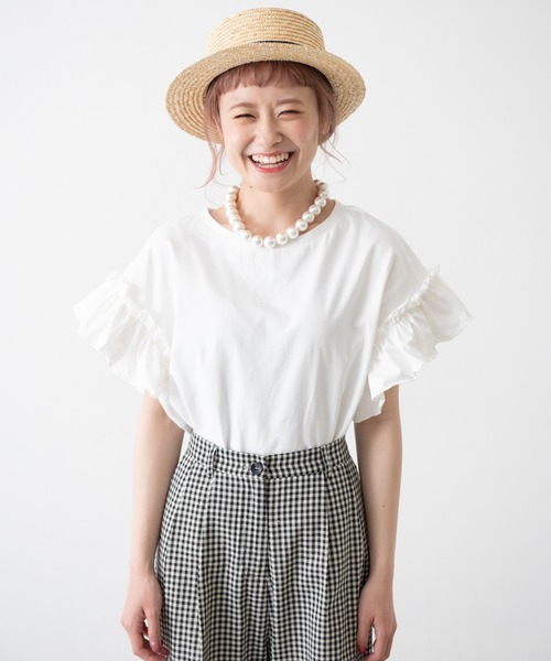 MERLOT(メルロー)の「ダブルフリルスリーブT(Tシャツ/カットソー・レディース・ブラック/オフホワイト/ピンク/ブルー・FREE)」の10枚目の写真