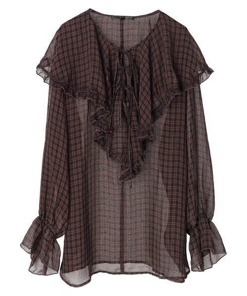 Sugar spoon（シュガースプーン）の「・SUGAR SPOON チェックラッフルチュニック＊（シャツ/ブラウス・レディース・ブラック/ベージュ/ブラウン・FREE）」の5枚目の写真