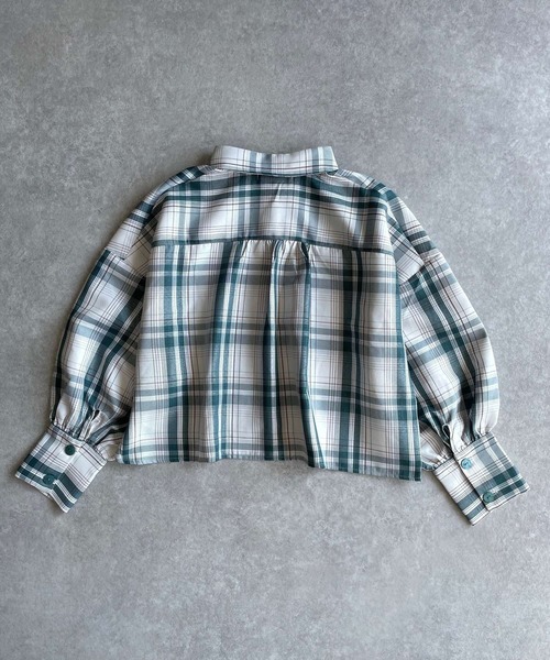 JUGLANS(ユグランス)の「☆ 一枚で主役級。チェック柄ロングカフスショート丈シャツ S1575(シャツ/ブラウス・レディース・ピンク/グリーン・FREE)」の5枚目の写真