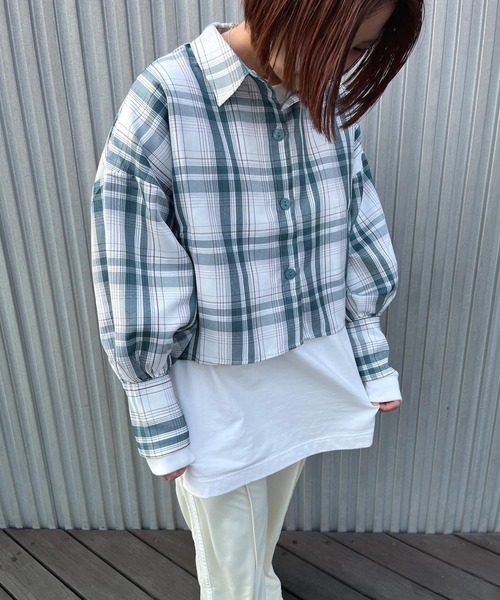 JUGLANS(ユグランス)の「☆ 一枚で主役級。チェック柄ロングカフスショート丈シャツ S1575(シャツ/ブラウス・レディース・ピンク/グリーン・FREE)」の15枚目の写真