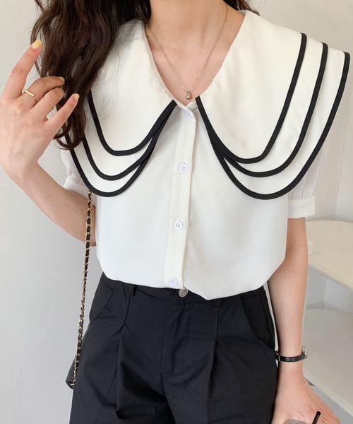 ABITOKYO(アビトーキョー)の「セーラーカラーパイピングブラウス(シャツ/ブラウス・レディース・ホワイト/ブラック・M/S)」の2枚目の写真