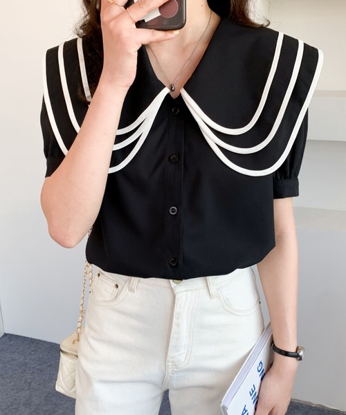 ABITOKYO(アビトーキョー)の「セーラーカラーパイピングブラウス(シャツ/ブラウス・レディース・ホワイト/ブラック・M/S)」の7枚目の写真