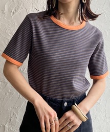 クルーネックリンガーボーダー半袖ショート丈コンパクトリブTシャツ