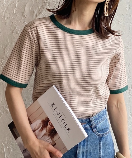 She's Closet（シーズクローゼット）の「クルーネックリンガーボーダー半袖ショート丈コンパクトリブTシャツ（Tシャツ/カットソー・レディース・ネイビー/ピンク/ライム/オレンジ・FREE）」の4枚目の写真