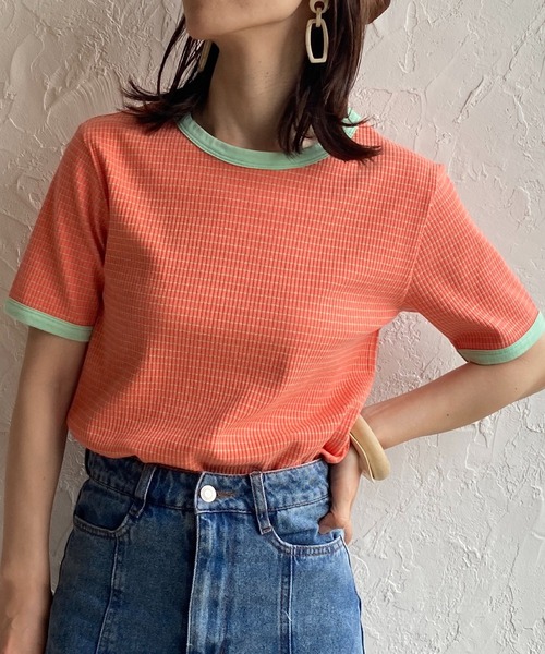 She's Closet（シーズクローゼット）の「クルーネックリンガーボーダー半袖ショート丈コンパクトリブTシャツ（Tシャツ/カットソー・レディース・ネイビー/ピンク/ライム/オレンジ・FREE）」の2枚目の写真