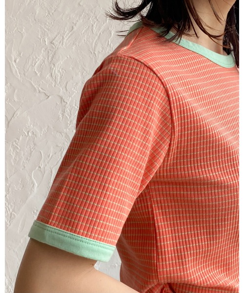 She's Closet（シーズクローゼット）の「クルーネックリンガーボーダー半袖ショート丈コンパクトリブTシャツ（Tシャツ/カットソー・レディース・ネイビー/ピンク/ライム/オレンジ・FREE）」の5枚目の写真