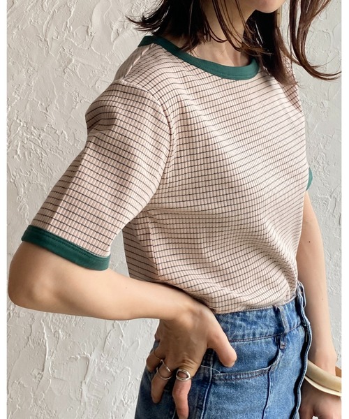 She's Closet（シーズクローゼット）の「クルーネックリンガーボーダー半袖ショート丈コンパクトリブTシャツ（Tシャツ/カットソー・レディース・ネイビー/ピンク/ライム/オレンジ・FREE）」の20枚目の写真
