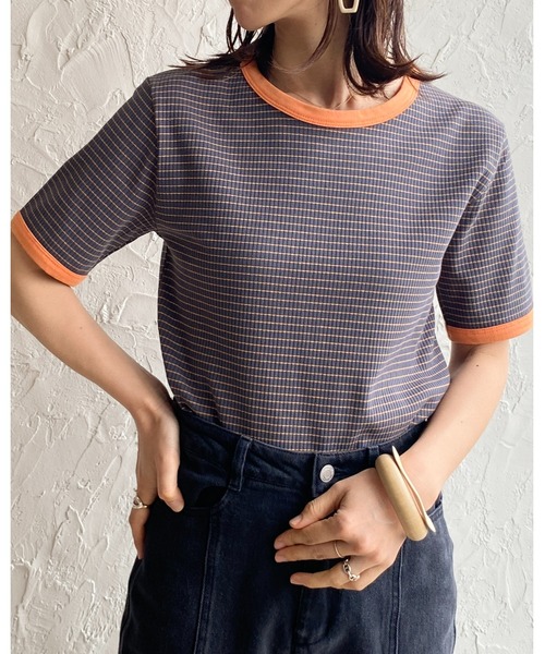 She's Closet（シーズクローゼット）の「クルーネックリンガーボーダー半袖ショート丈コンパクトリブTシャツ（Tシャツ/カットソー・レディース・ネイビー/ピンク/ライム/オレンジ・FREE）」の21枚目の写真