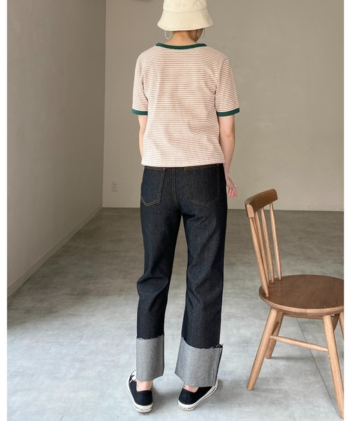 She's Closet（シーズクローゼット）の「クルーネックリンガーボーダー半袖ショート丈コンパクトリブTシャツ（Tシャツ/カットソー・レディース・ネイビー/ピンク/ライム/オレンジ・FREE）」の6枚目の写真