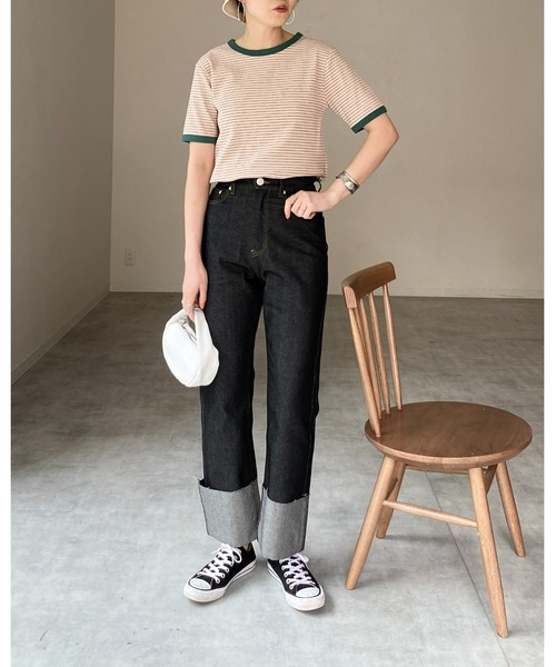 She's Closet（シーズクローゼット）の「クルーネックリンガーボーダー半袖ショート丈コンパクトリブTシャツ（Tシャツ/カットソー・レディース・ネイビー/ピンク/ライム/オレンジ・FREE）」の13枚目の写真