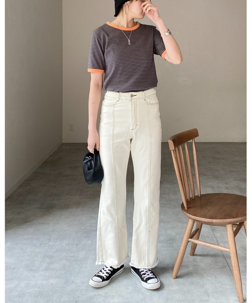 She's Closet（シーズクローゼット）の「クルーネックリンガーボーダー半袖ショート丈コンパクトリブTシャツ（Tシャツ/カットソー・レディース・ネイビー/ピンク/ライム/オレンジ・FREE）」の7枚目の写真