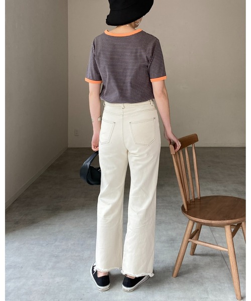 She's Closet（シーズクローゼット）の「クルーネックリンガーボーダー半袖ショート丈コンパクトリブTシャツ（Tシャツ/カットソー・レディース・ネイビー/ピンク/ライム/オレンジ・FREE）」の14枚目の写真