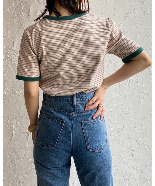 She's Closet（シーズクローゼット）の「クルーネックリンガーボーダー半袖ショート丈コンパクトリブTシャツ（Tシャツ/カットソー・レディース・ネイビー/ピンク/ライム/オレンジ・FREE）」の8枚目の写真