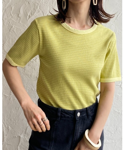She's Closet（シーズクローゼット）の「クルーネックリンガーボーダー半袖ショート丈コンパクトリブTシャツ（Tシャツ/カットソー・レディース・ネイビー/ピンク/ライム/オレンジ・FREE）」の15枚目の写真