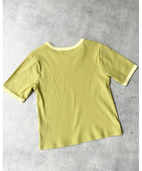 She's Closet（シーズクローゼット）の「クルーネックリンガーボーダー半袖ショート丈コンパクトリブTシャツ（Tシャツ/カットソー・レディース・ネイビー/ピンク/ライム/オレンジ・FREE）」の9枚目の写真