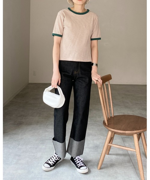 She's Closet（シーズクローゼット）の「クルーネックリンガーボーダー半袖ショート丈コンパクトリブTシャツ（Tシャツ/カットソー・レディース・ネイビー/ピンク/ライム/オレンジ・FREE）」の16枚目の写真