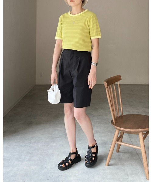 She's Closet（シーズクローゼット）の「クルーネックリンガーボーダー半袖ショート丈コンパクトリブTシャツ（Tシャツ/カットソー・レディース・ネイビー/ピンク/ライム/オレンジ・FREE）」の10枚目の写真