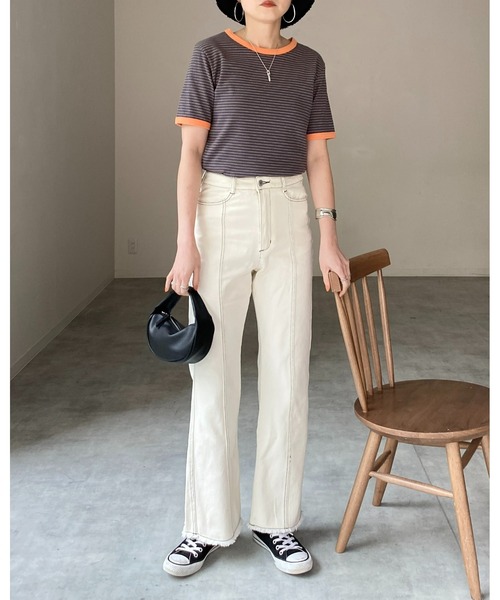 She's Closet（シーズクローゼット）の「クルーネックリンガーボーダー半袖ショート丈コンパクトリブTシャツ（Tシャツ/カットソー・レディース・ネイビー/ピンク/ライム/オレンジ・FREE）」の17枚目の写真