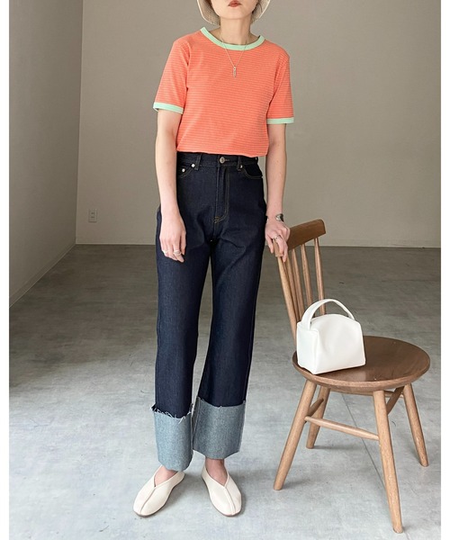 She's Closet（シーズクローゼット）の「クルーネックリンガーボーダー半袖ショート丈コンパクトリブTシャツ（Tシャツ/カットソー・レディース・ネイビー/ピンク/ライム/オレンジ・FREE）」の11枚目の写真
