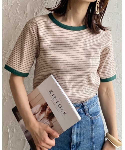She's Closet（シーズクローゼット）の「クルーネックリンガーボーダー半袖ショート丈コンパクトリブTシャツ（Tシャツ/カットソー・レディース・ネイビー/ピンク/ライム/オレンジ・FREE）」の18枚目の写真