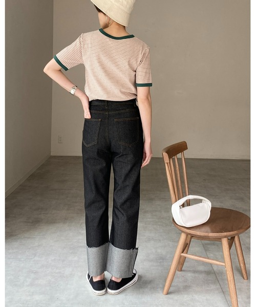 She's Closet（シーズクローゼット）の「クルーネックリンガーボーダー半袖ショート丈コンパクトリブTシャツ（Tシャツ/カットソー・レディース・ネイビー/ピンク/ライム/オレンジ・FREE）」の12枚目の写真