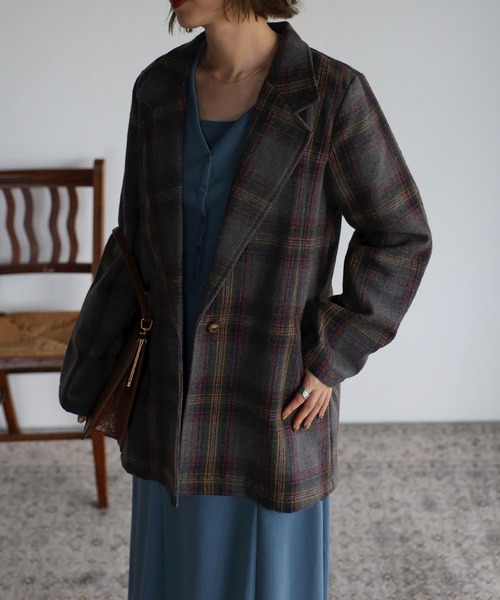 Bonjour Sagan（ボンジュールサガン）の「テーラードチェックジャケット（テーラードジャケット・レディース・ネイビー/グレー/カーキ・FREE）」の2枚目の写真