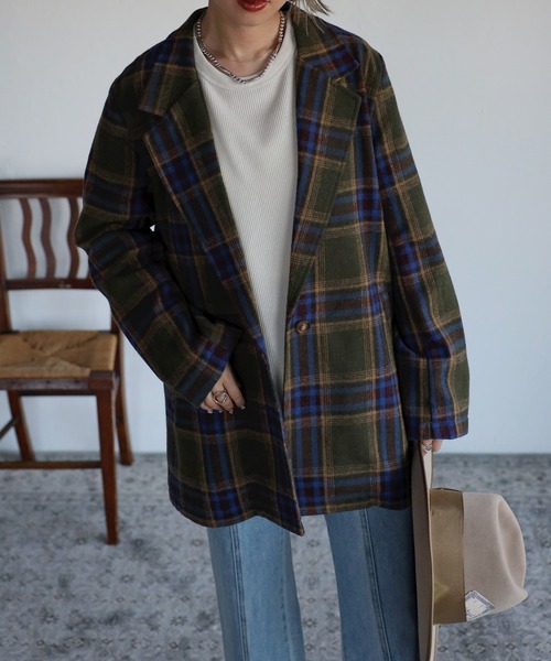 Bonjour Sagan（ボンジュールサガン）の「テーラードチェックジャケット（テーラードジャケット・レディース・ネイビー/グレー/カーキ・FREE）」の3枚目の写真