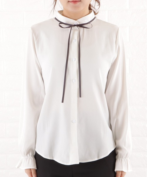 sov.　ブラック　スタンドカラーボウタイブラウス　リボン　シャツ　トップス セール】スタンドカラーボウタイリボンブラウス（シャツ