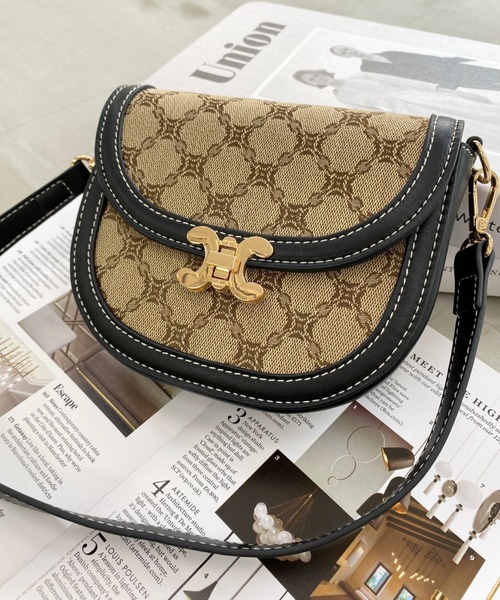 Rokh / ロック | 総ロゴ モノグラム レザー ショルダーバッグ | ベージュ/ブラック | レディース Rokh / ロック | 総ロゴ モノグラム レザー ショルダーバッグ ベージュ