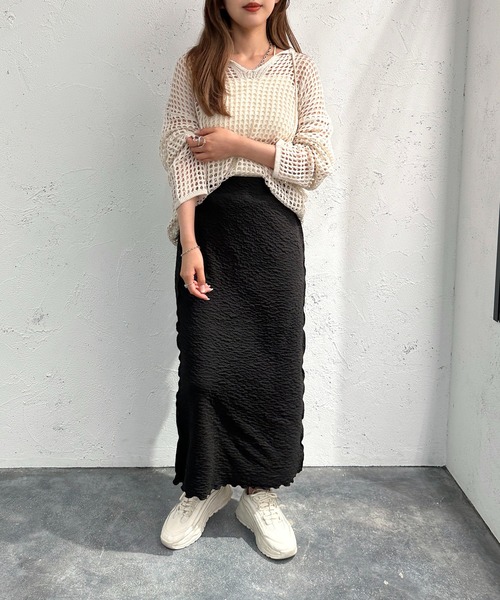 apres jour mignon（アプレジュールミニョン）の「キーネックメッシュニットプルオーバー【ZOZOTOWN限定アイテム】（ニット/セーター・レディース・アイボリー/オフホワイト/ブラック・X-LARGE/フリー）」の12枚目の写真