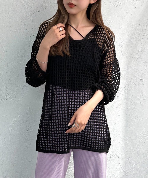 apres jour mignon（アプレジュールミニョン）の「キーネックメッシュニットプルオーバー【ZOZOTOWN限定アイテム】（ニット/セーター・レディース・アイボリー/オフホワイト/ブラック・X-LARGE/フリー）」の15枚目の写真