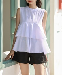 TeddyShop | レディース水着 ティアードフリルのペプラムラッシュガードトップス+ショートパンツ 上下2点セット(ラッシュガード)