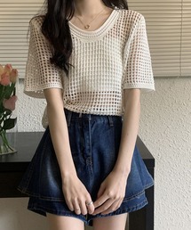 メッシュ半袖ニットトップス