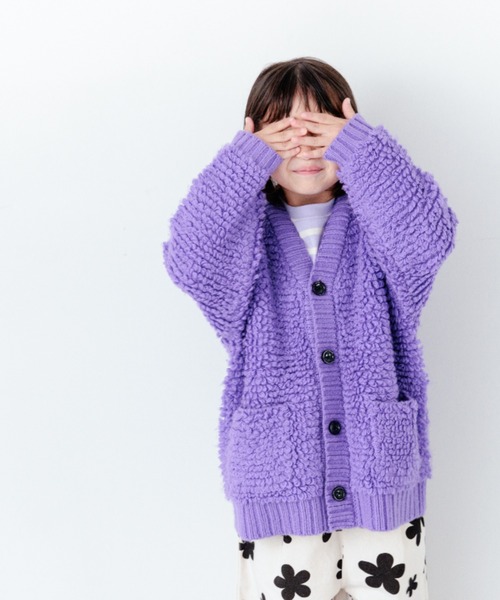 45R★ふわふわウールのお花カーディガン★パープル セール】フラワーフェザーVネックロングカーディ（カーディガン