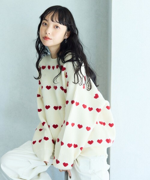 FREAK'S STORE（フリークスストア）の「ラインハート柄 ニット（ニット/セーター・レディース・ベージュ/オフホワイト/ブラック・ﾌﾘ-）」の9枚目の写真