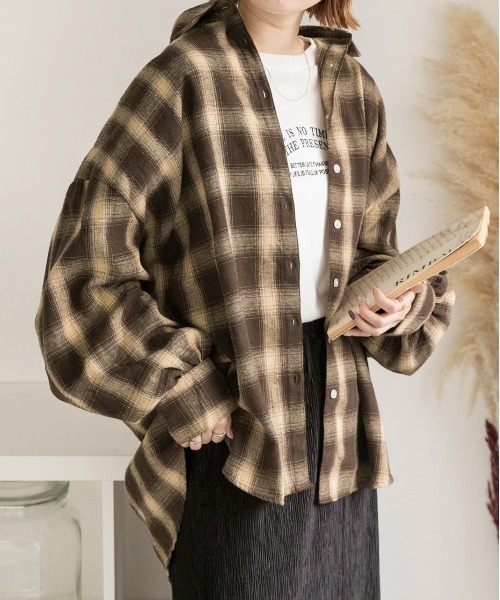 ad thie（アドティエ）の「選べる2柄 ネルチェックビックシャツ（シャツ/ブラウス・レディース・ブラック/ダークブラウン/ベージュ/ブラウン/ブルー・MEDIUM/LARGE）」の2枚目の写真