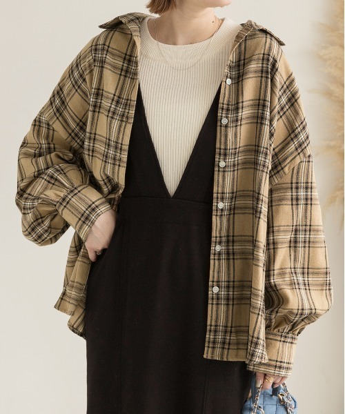 ad thie（アドティエ）の「選べる2柄 ネルチェックビックシャツ（シャツ/ブラウス・レディース・ブラック/ダークブラウン/ベージュ/ブラウン/ブルー・MEDIUM/LARGE）」の4枚目の写真
