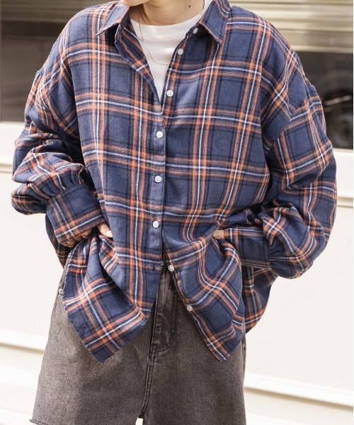 ad thie（アドティエ）の「選べる2柄 ネルチェックビックシャツ（シャツ/ブラウス・レディース・ブラック/ダークブラウン/ベージュ/ブラウン/ブルー・MEDIUM/LARGE）」の5枚目の写真