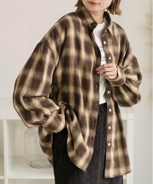 ad thie（アドティエ）の「選べる2柄 ネルチェックビックシャツ（シャツ/ブラウス・レディース・ブラック/ダークブラウン/ベージュ/ブラウン/ブルー・MEDIUM/LARGE）」の8枚目の写真