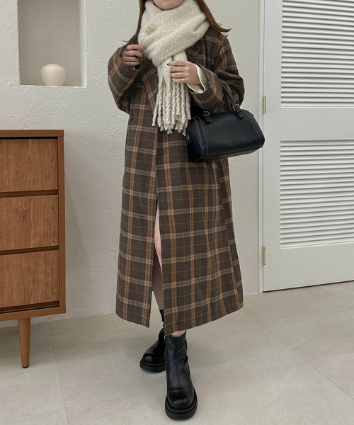 正月セール❣️モール ダークブラウン ファー付きロングコート EMBA